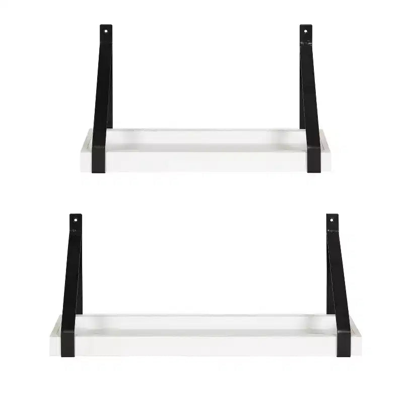 Set di 2 Mensole Fluttuanti da Parete | Legno Massello e Staffe in Ferro | Stile Costiero | Bianco/Nero