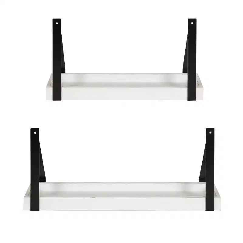 Set di 2 Mensole Fluttuanti da Parete | Legno Massello e Staffe in Ferro | Stile Costiero | Bianco/Nero
