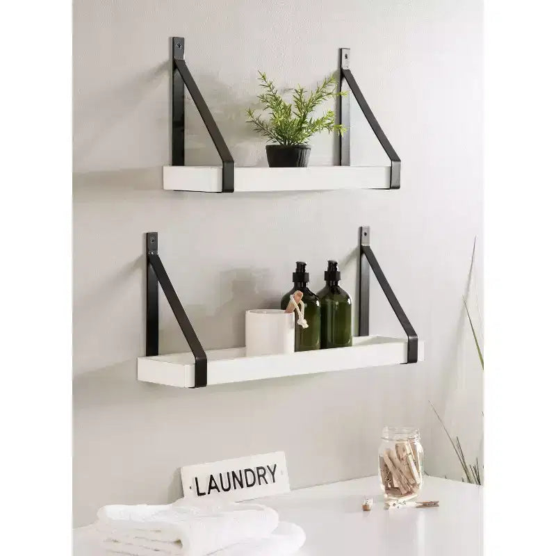 Set di 2 Mensole Fluttuanti da Parete | Legno Massello e Staffe in Ferro | Stile Costiero | Bianco/Nero