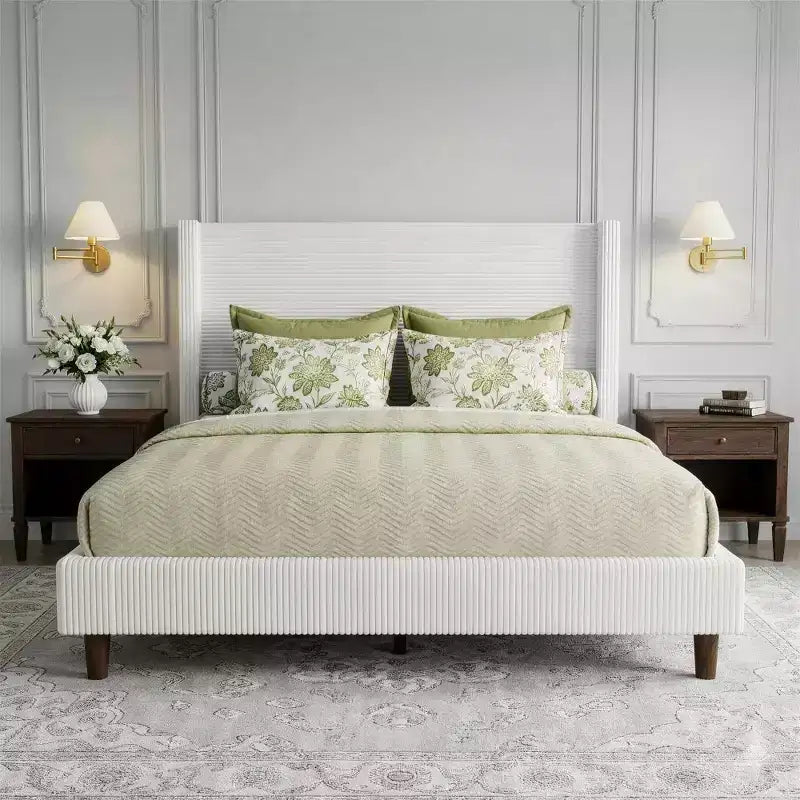 Letto imbottito in velluto a coste Queen | Testiera a orecchioni da 142 cm | Portata 450 kg | Senza box spring