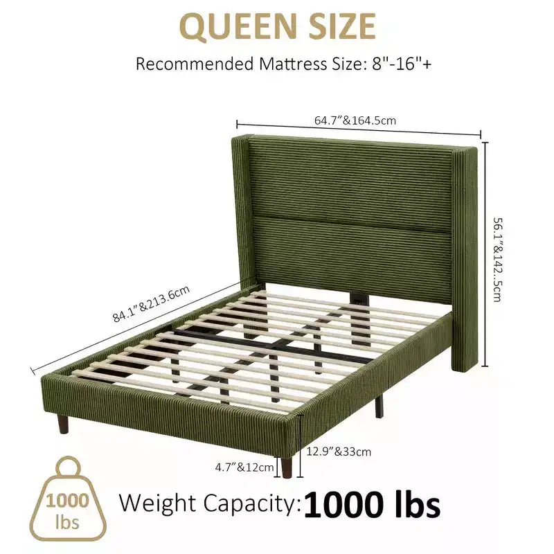 Letto imbottito in velluto a coste Queen | Testiera a orecchioni da 142 cm | Portata 450 kg | Senza box spring