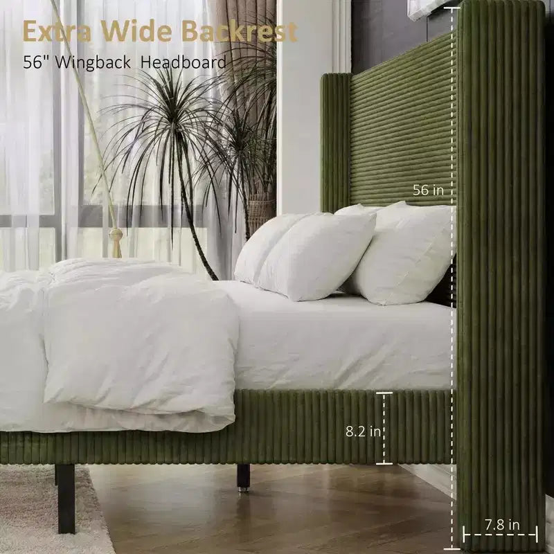 Letto imbottito in velluto a coste Queen | Testiera a orecchioni da 142 cm | Portata 450 kg | Senza box spring