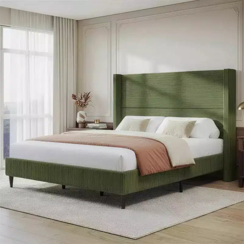 Letto imbottito in velluto a coste Queen | Testiera a orecchioni da 142 cm | Portata 450 kg | Senza box spring