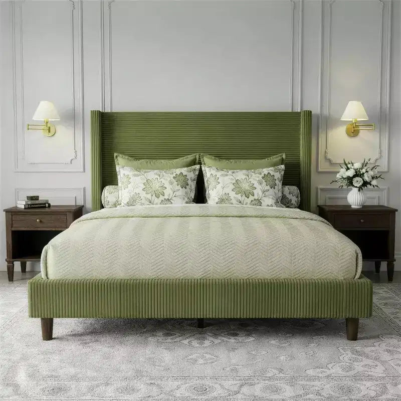 Letto imbottito in velluto a coste Queen | Testiera a orecchioni da 142 cm | Portata 450 kg | Senza box spring