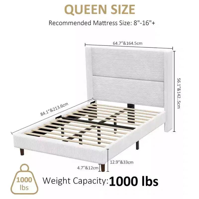 Letto imbottito in velluto a coste Queen | Testiera a orecchioni da 142 cm | Portata 450 kg | Senza box spring