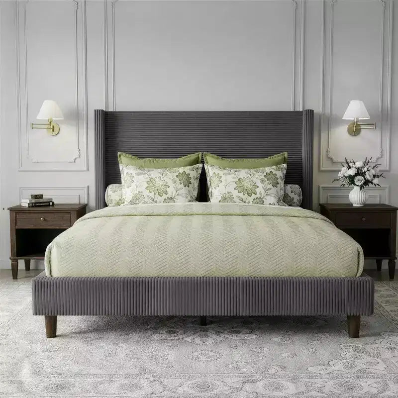 Letto imbottito in velluto a coste Queen | Testiera a orecchioni da 142 cm | Portata 450 kg | Senza box spring
