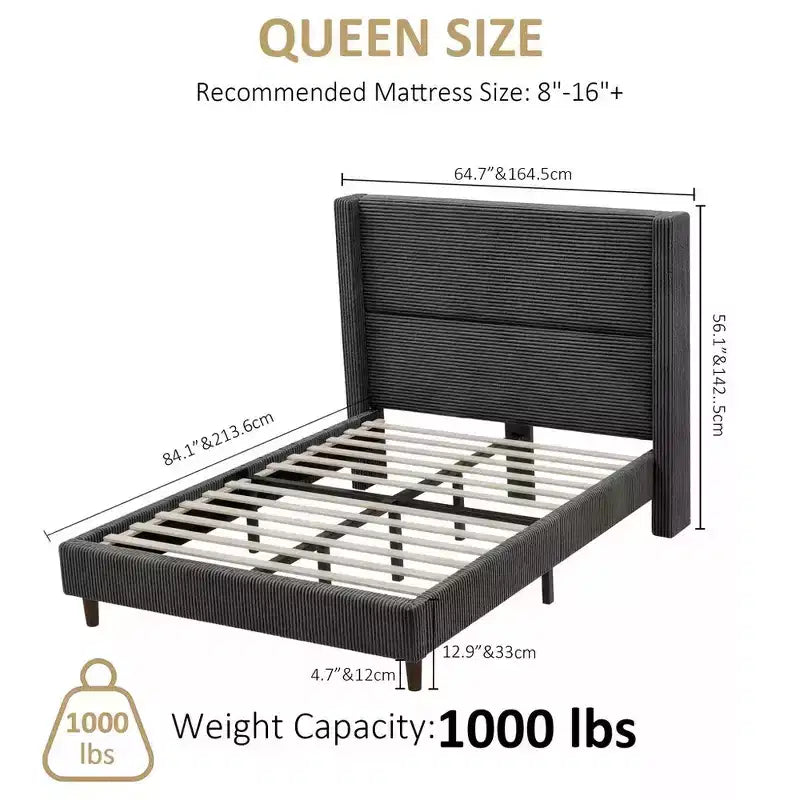 Letto imbottito in velluto a coste Queen | Testiera a orecchioni da 142 cm | Portata 450 kg | Senza box spring