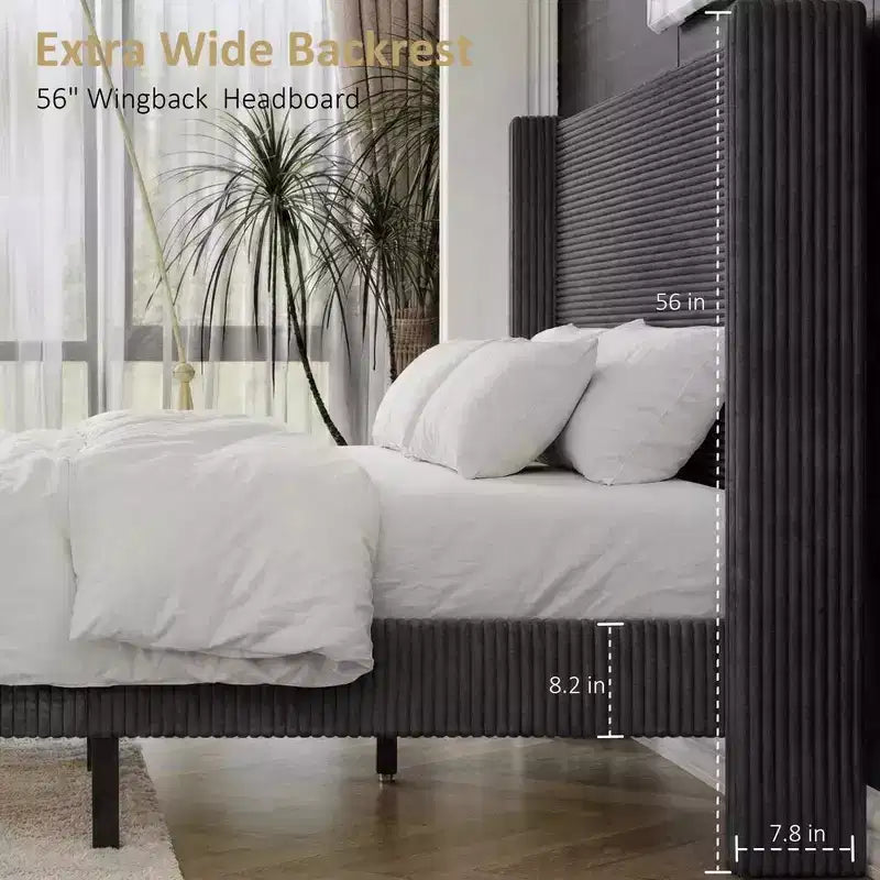 Letto imbottito in velluto a coste Queen | Testiera a orecchioni da 142 cm | Portata 450 kg | Senza box spring