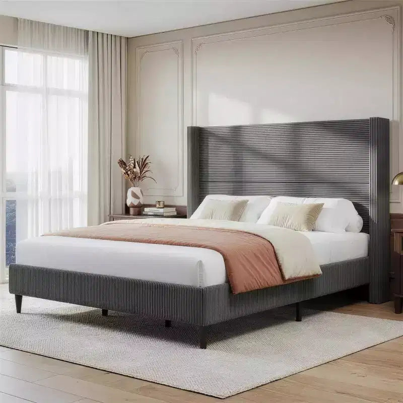 Letto imbottito in velluto a coste Queen | Testiera a orecchioni da 142 cm | Portata 450 kg | Senza box spring
