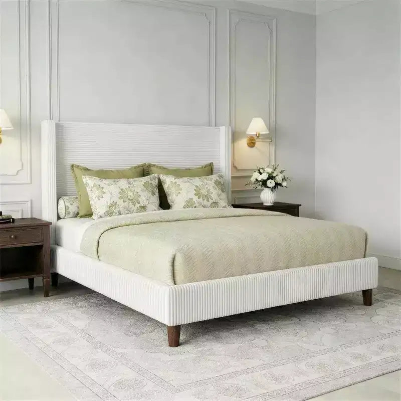 Letto imbottito in velluto a coste Queen | Testiera a orecchioni da 142 cm | Portata 450 kg | Senza box spring