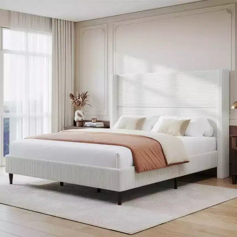 Letto imbottito in velluto a coste Queen | Testiera a orecchioni da 142 cm | Portata 450 kg | Senza box spring