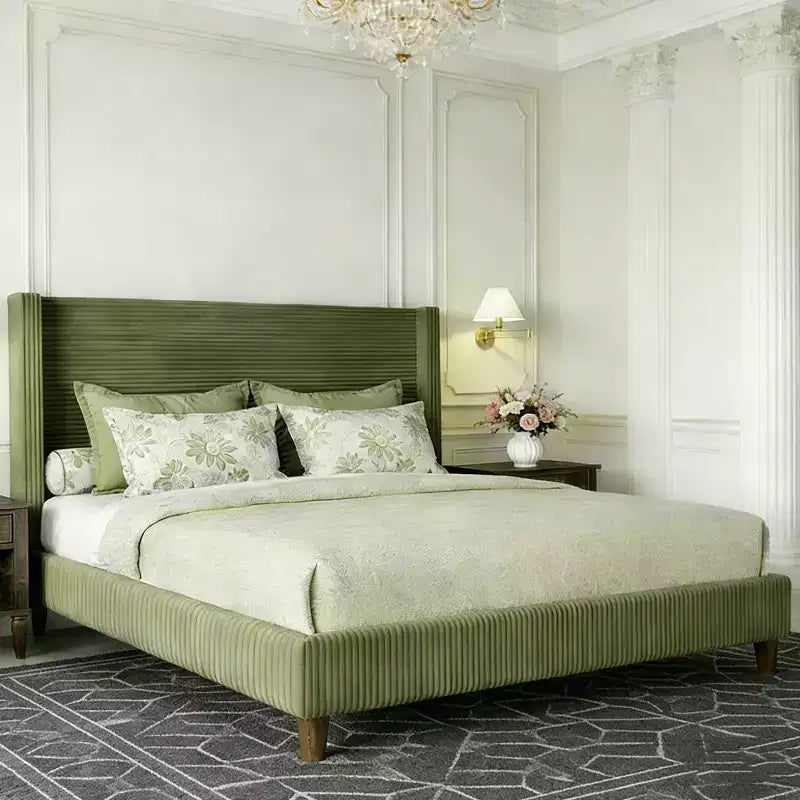 Letto imbottito in velluto a coste Queen | Testiera a orecchioni da 142 cm | Portata 450 kg | Senza box spring