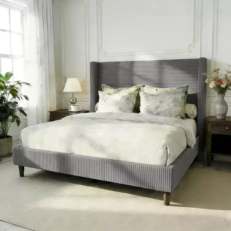 Letto imbottito in velluto a coste Queen | Testiera a orecchioni da 142 cm | Portata 450 kg | Senza box spring