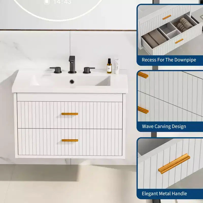 Mobile Bagno Sospeso con Lavabo in Ceramica | 2 Cassetti con Chiusura Ammortizzata | Montaggio a Parete | Moderno
