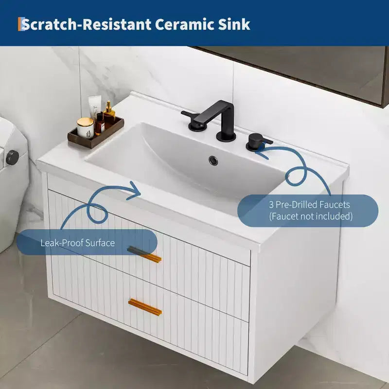 Mobile Bagno Sospeso con Lavabo in Ceramica | 2 Cassetti con Chiusura Ammortizzata | Montaggio a Parete | Moderno