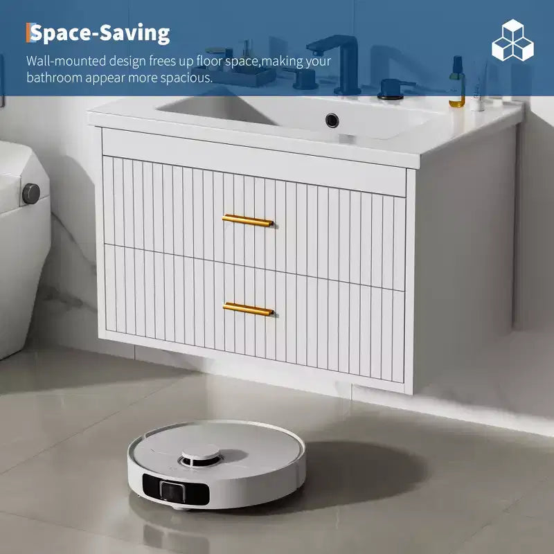 Mobile Bagno Sospeso con Lavabo in Ceramica | 2 Cassetti con Chiusura Ammortizzata | Montaggio a Parete | Moderno
