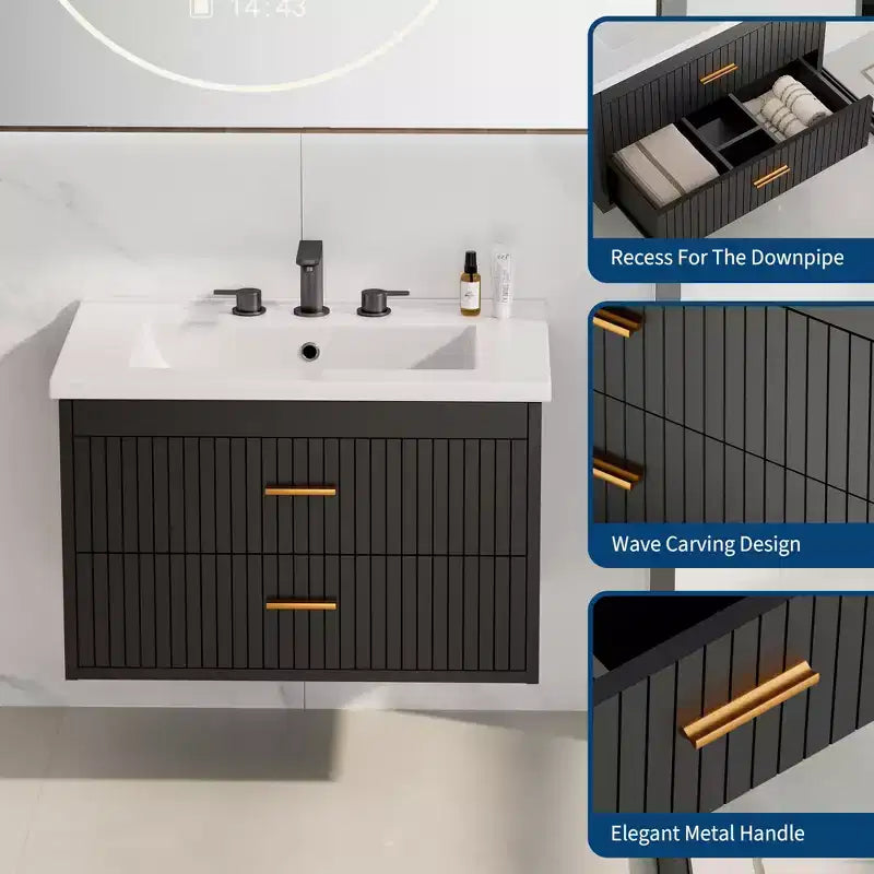 Mobile Bagno Sospeso con Lavabo in Ceramica | 2 Cassetti con Chiusura Ammortizzata | Montaggio a Parete | Moderno