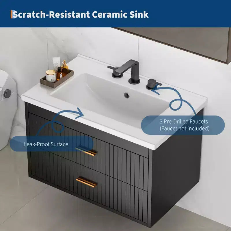 Mobile Bagno Sospeso con Lavabo in Ceramica | 2 Cassetti con Chiusura Ammortizzata | Montaggio a Parete | Moderno