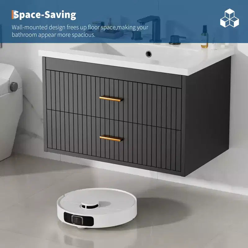 Mobile Bagno Sospeso con Lavabo in Ceramica | 2 Cassetti con Chiusura Ammortizzata | Montaggio a Parete | Moderno