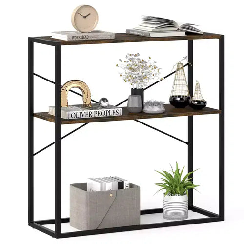 Costway 36 Console Table with Wooden Textured Open Shelves & Metal Frame for Hallway White/Brown