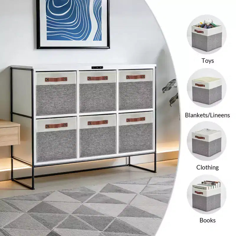 Set da 6 contenitori a cubo da 13x13 | Pieghevoli in tessuto di lino | Maniglie in pelle | Organizzatore per armadio