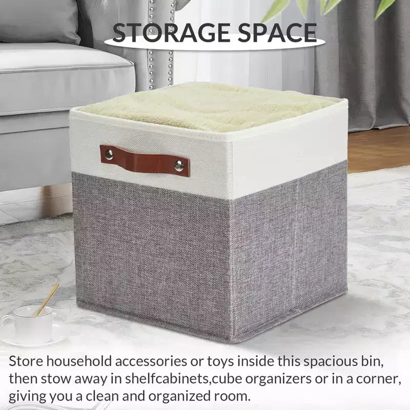Set da 6 contenitori a cubo da 13x13 | Pieghevoli in tessuto di lino | Maniglie in pelle | Organizzatore per armadio