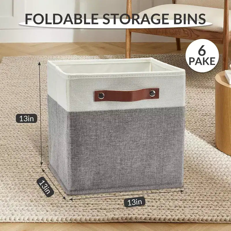 Set da 6 contenitori a cubo da 13x13 | Pieghevoli in tessuto di lino | Maniglie in pelle | Organizzatore per armadio