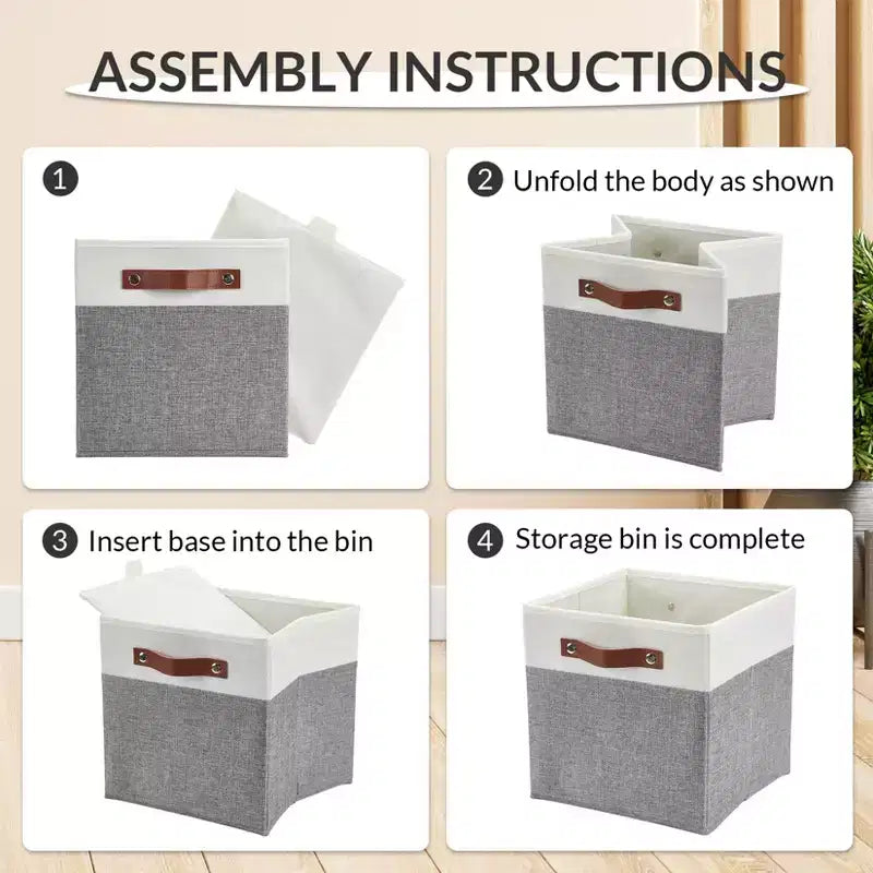 Set da 6 contenitori a cubo da 13x13 | Pieghevoli in tessuto di lino | Maniglie in pelle | Organizzatore per armadio
