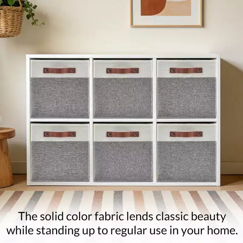 Set da 6 contenitori a cubo da 13x13 | Pieghevoli in tessuto di lino | Maniglie in pelle | Organizzatore per armadio