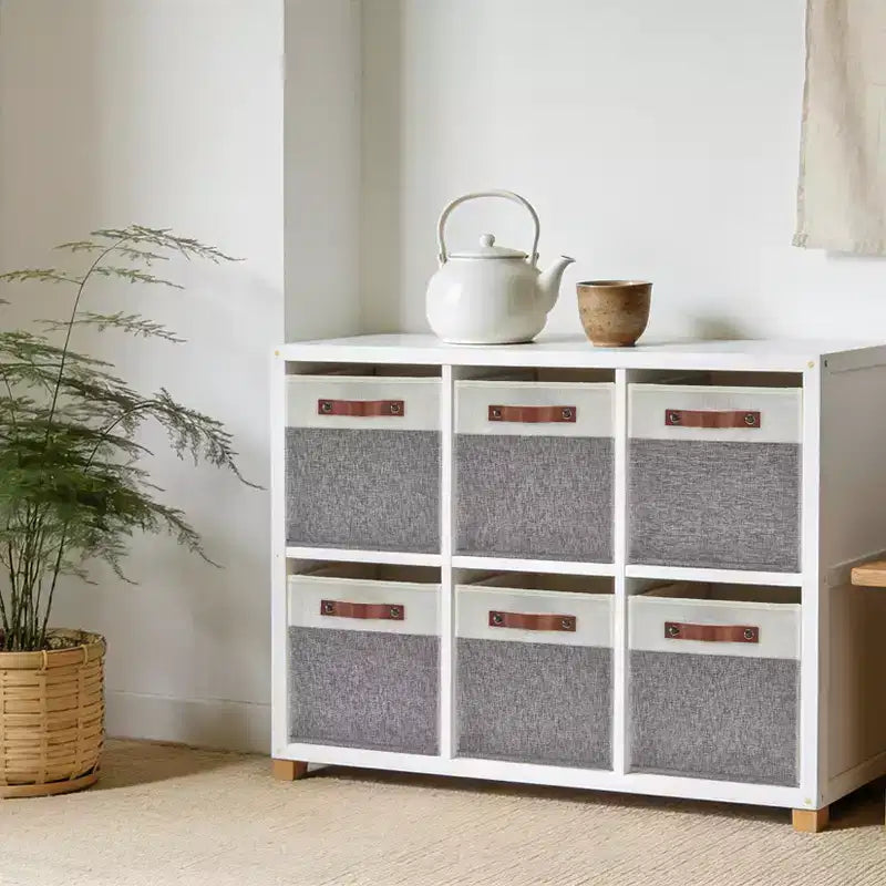 Set da 6 contenitori a cubo da 13x13 | Pieghevoli in tessuto di lino | Maniglie in pelle | Organizzatore per armadio