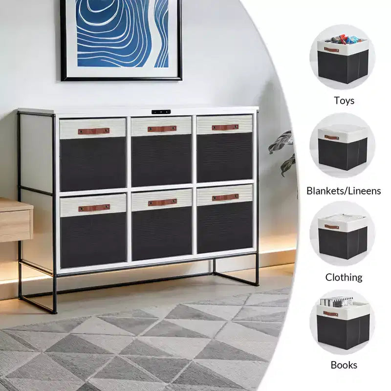 Set da 6 contenitori a cubo da 13x13 | Pieghevoli in tessuto di lino | Maniglie in pelle | Organizzatore per armadio