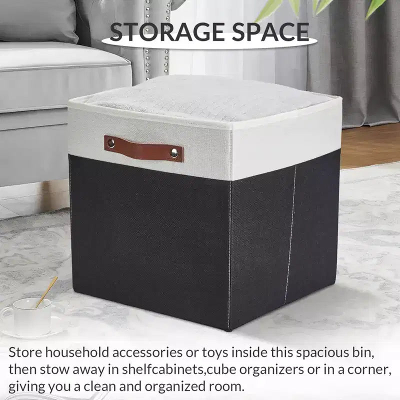 Set da 6 contenitori a cubo da 13x13 | Pieghevoli in tessuto di lino | Maniglie in pelle | Organizzatore per armadio