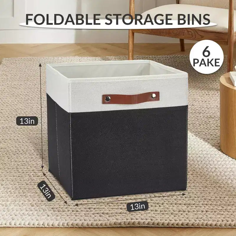 Set da 6 contenitori a cubo da 13x13 | Pieghevoli in tessuto di lino | Maniglie in pelle | Organizzatore per armadio