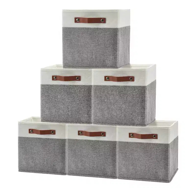 Set da 6 contenitori a cubo da 13x13 | Pieghevoli in tessuto di lino | Maniglie in pelle | Organizzatore per armadio
