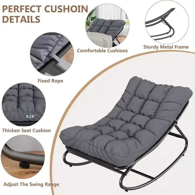 Set di 2 sedie a dondolo da esterno per patio | Cuscino spesso impermeabile | Portata 136 kg | Grigio