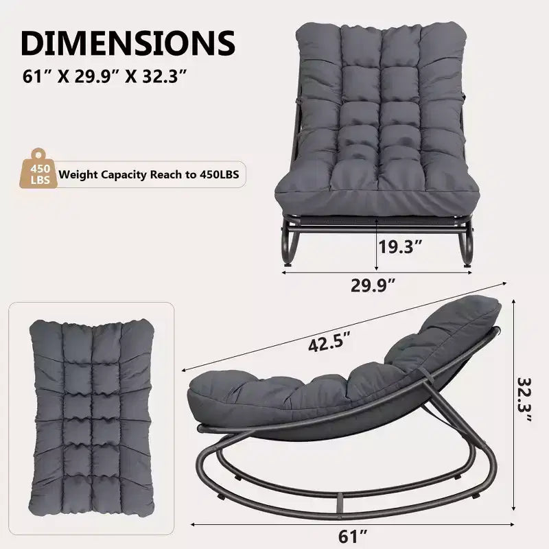 Set di 2 sedie a dondolo da esterno per patio | Cuscino spesso impermeabile | Portata 136 kg | Grigio