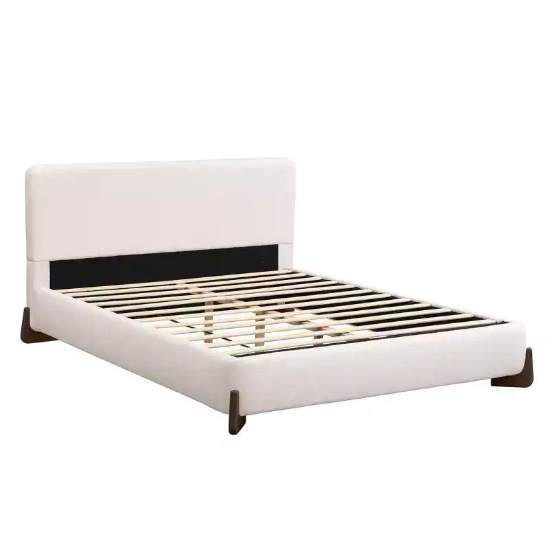 Letto Matrimoniale Imbottito Queen Size | Tessuto Terry | Gambe in Legno Massello | Struttura Imbottita | Bianco