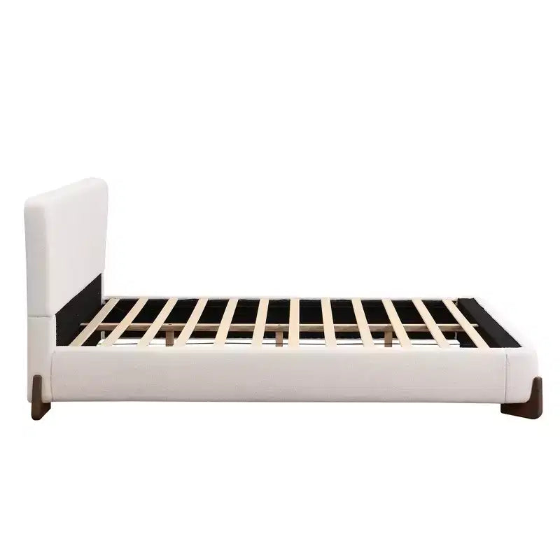 Letto Matrimoniale Imbottito Queen Size | Tessuto Terry | Gambe in Legno Massello | Struttura Imbottita | Bianco