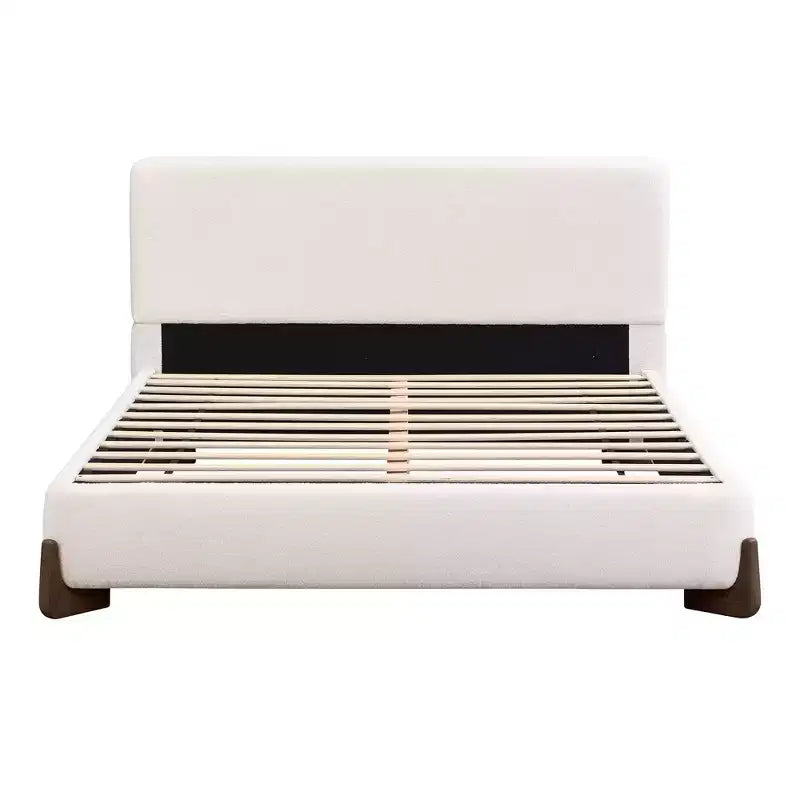 Letto Matrimoniale Imbottito Queen Size | Tessuto Terry | Gambe in Legno Massello | Struttura Imbottita | Bianco
