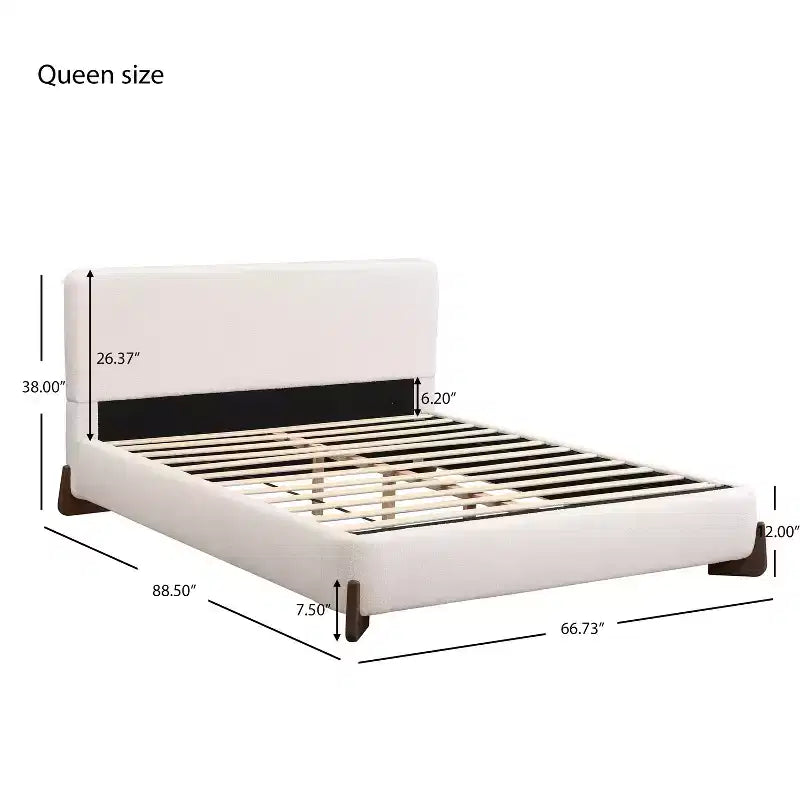 Letto Matrimoniale Imbottito Queen Size | Tessuto Terry | Gambe in Legno Massello | Struttura Imbottita | Bianco