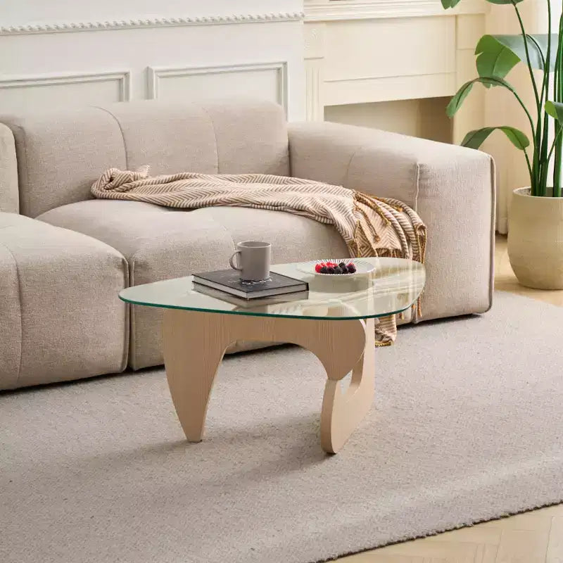 Tavolino da Caffè Mid-Century Modern Farmhouse | Piano in Vetro Temperato | Gambe in Legno di Noce | 90,98 cm