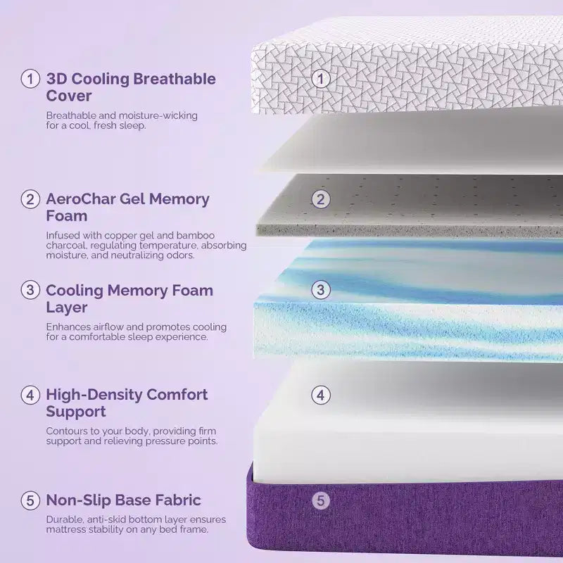 Materasso in memory foam con gel rinfrescante al carbone di bambù da 12 pollici | CertiPUR-US | OEKO-TEX | Rigidità media