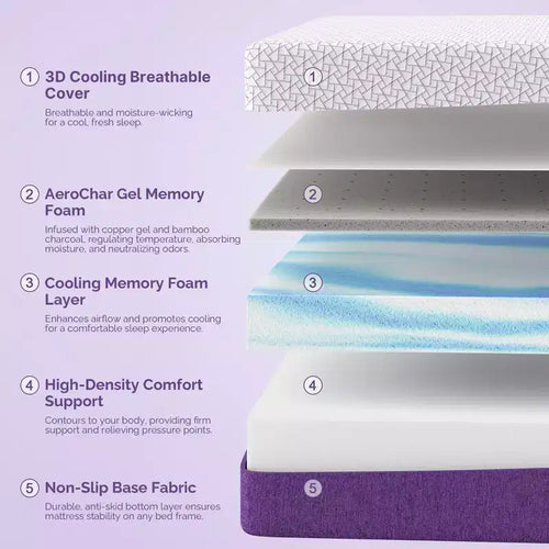 Materasso in memory foam con gel rinfrescante al carbone di bambù da 12 pollici | CertiPUR-US | OEKO-TEX | Rigidità media