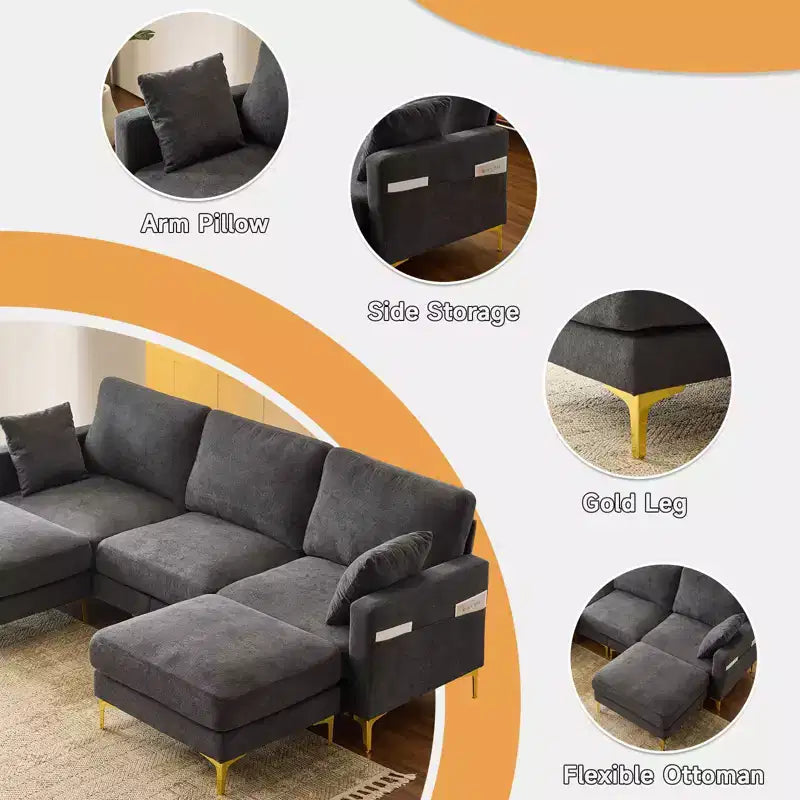 Divano a U in ciniglia a braccioli squadrati da 100 pollici in grigio | Contenitore laterale | Modulare | 3 posti