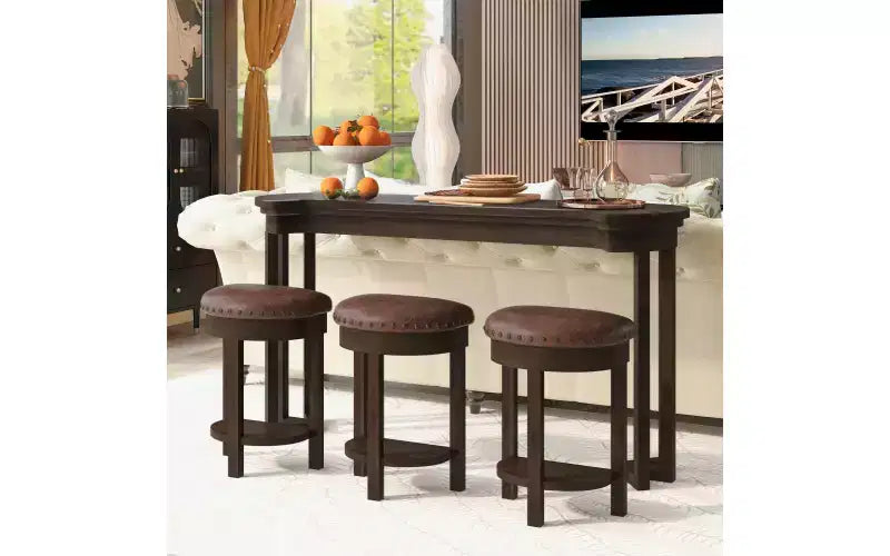 Set da 4 Pezzi Tavolo Bar Altezza Bancone | 3 Sgabelli in PU | Legno Massello | Salvaspazio | Espresso