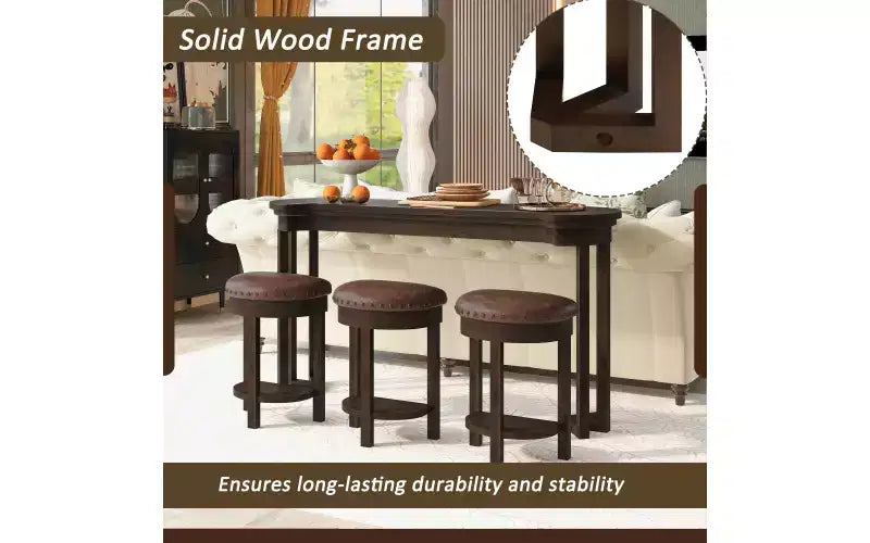 Set da 4 Pezzi Tavolo Bar Altezza Bancone | 3 Sgabelli in PU | Legno Massello | Salvaspazio | Espresso