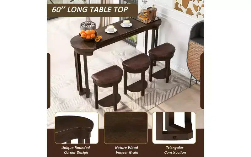 Set da 4 Pezzi Tavolo Bar Altezza Bancone | 3 Sgabelli in PU | Legno Massello | Salvaspazio | Espresso