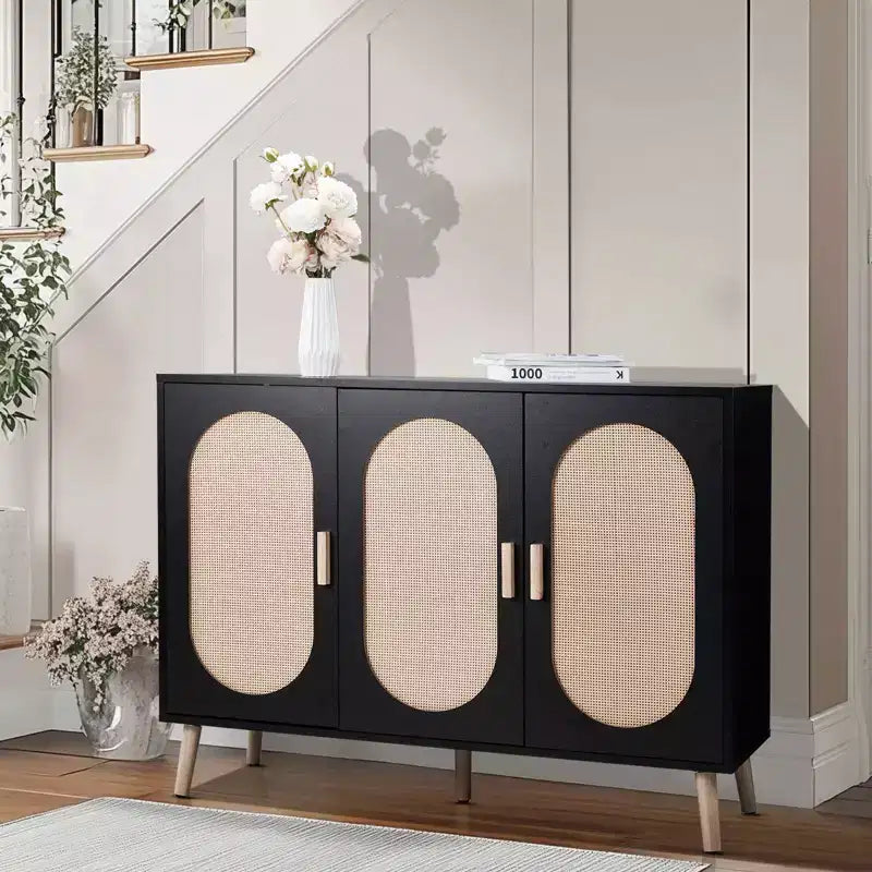 Scarpiera moderna in rattan per 24 paia | 4 ripiani | Gambe in legno massello | Stile bohémien