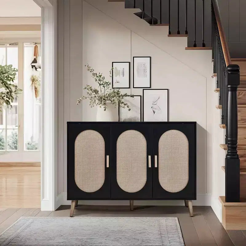 Scarpiera moderna in rattan per 24 paia | 4 ripiani | Gambe in legno massello | Stile bohémien