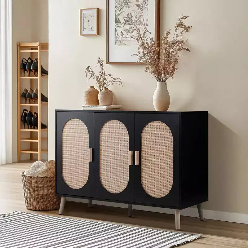 Scarpiera moderna in rattan per 24 paia | 4 ripiani | Gambe in legno massello | Stile bohémien